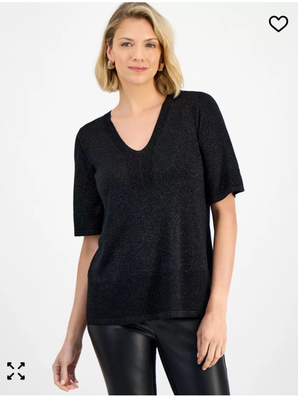 NWT Lurex Shine Macy’s JM Collection
Women's V-Neck Short-Sleeve Sweater w slits